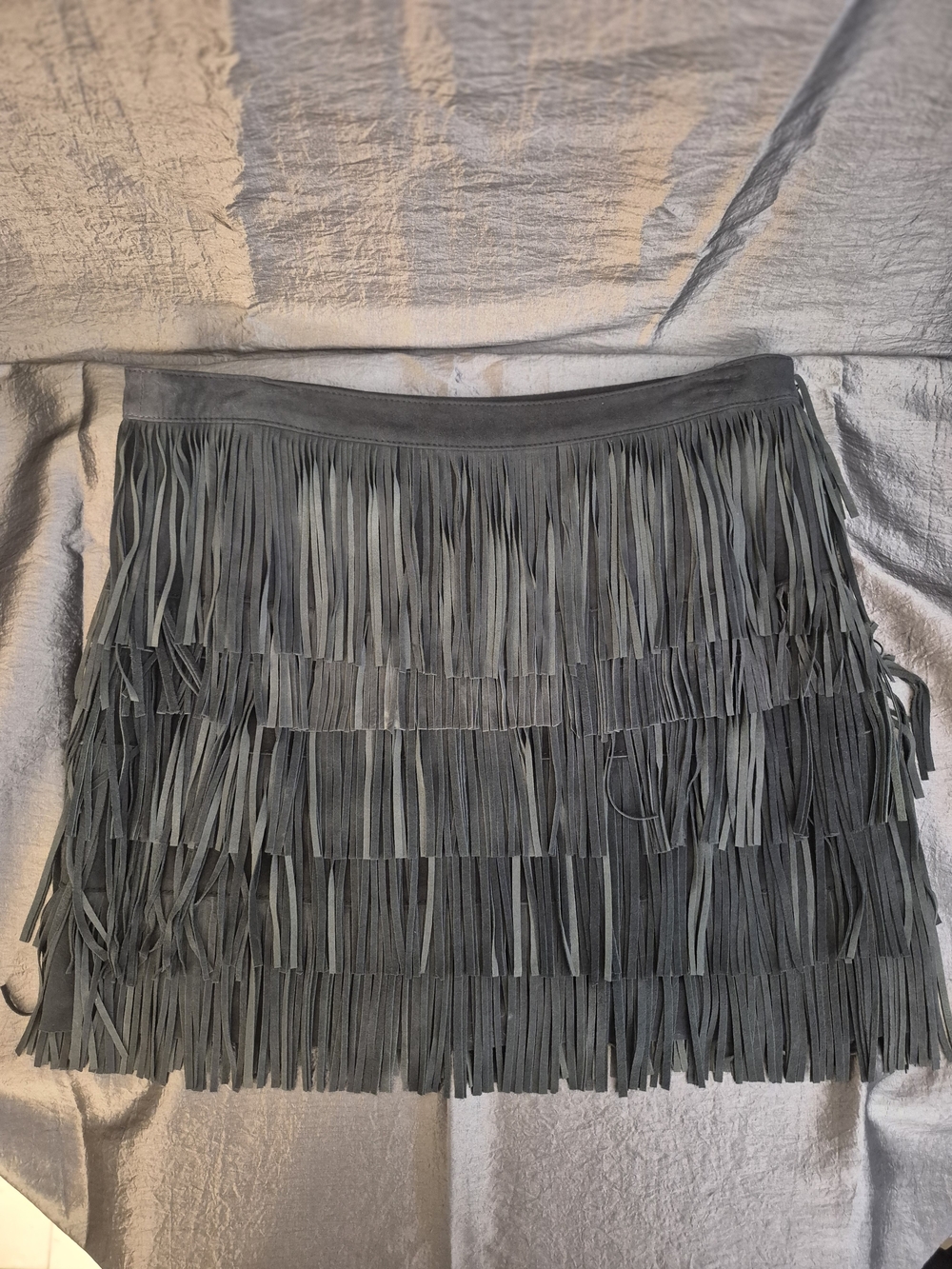Joie Goat Skin Charcoal Layered Fringe Mini Skirt. Lined In Silk.